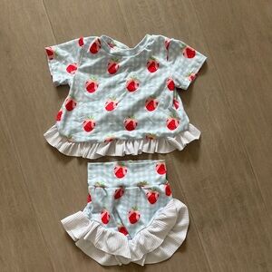 Blue & White Gingham Pattern w Strawberry Bow Print Baby Outfit with Ruffle Trim